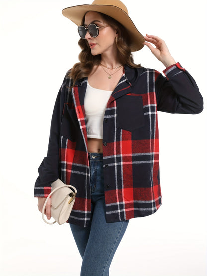 Trendy Plaid Hooded Jacket - Stylish Button Front Design, Long Sleeve Outerwear for Women - Comfortable & Versatile Print Clothing