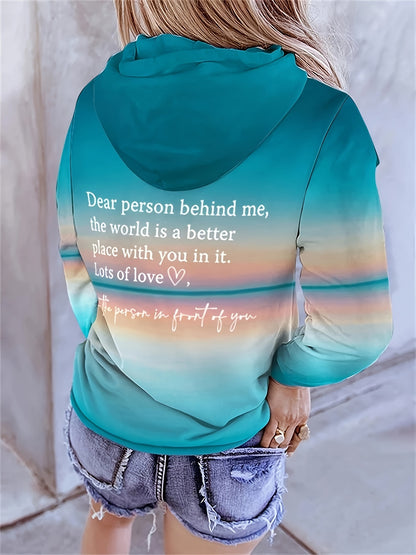 Gradient Color Letter Print Hoodie - Soft, Casual, Long Sleeve Drawstring Sweatshirt with Kangaroo Pocket for Women's Everyday Wear