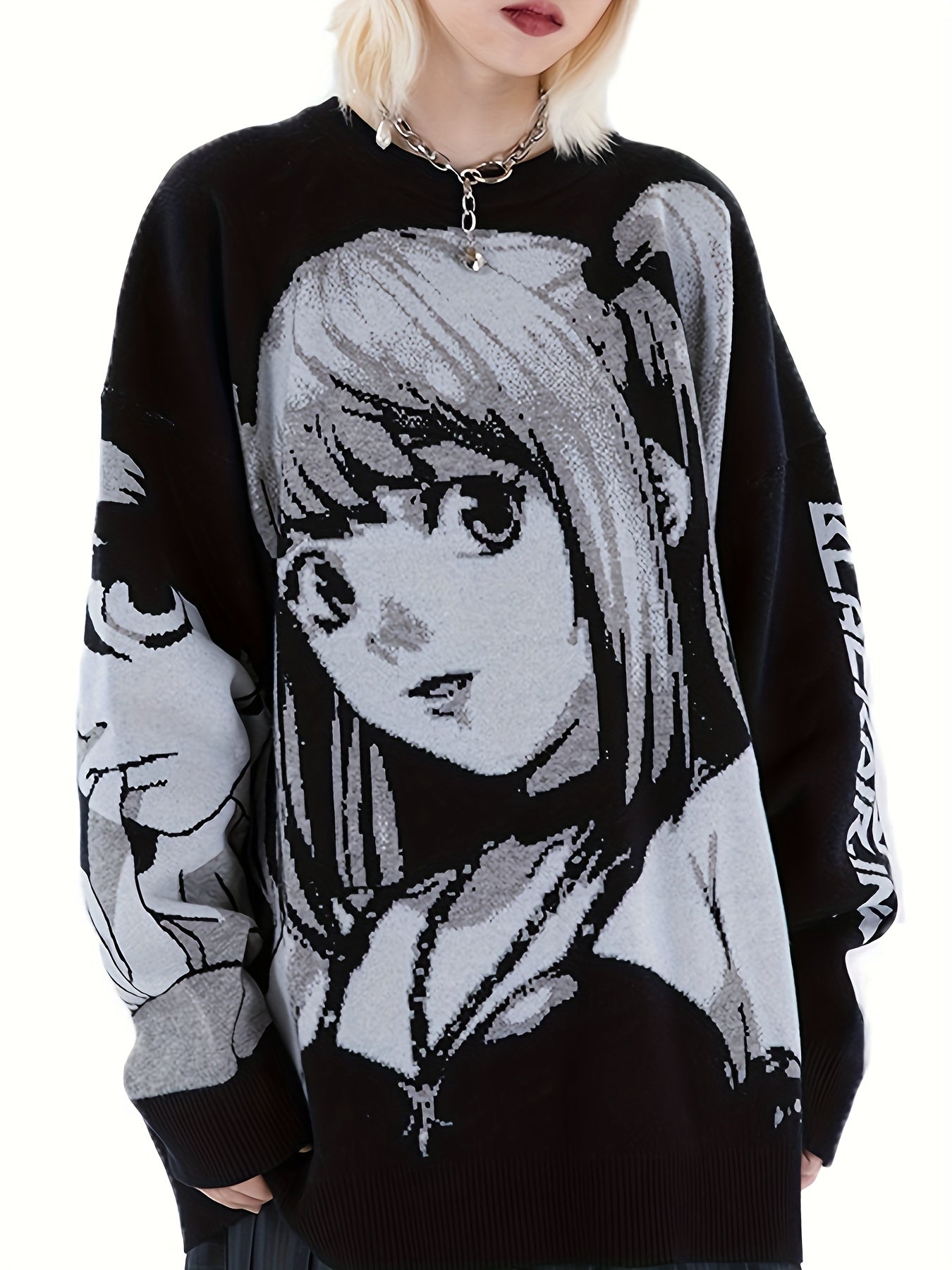 Womens Charming Anime Graphic Sweater - Soft Knit Long Sleeve Crew Neck - Bold Letter Print Pullover - Trendy Casual Fashion for Everyday Wear