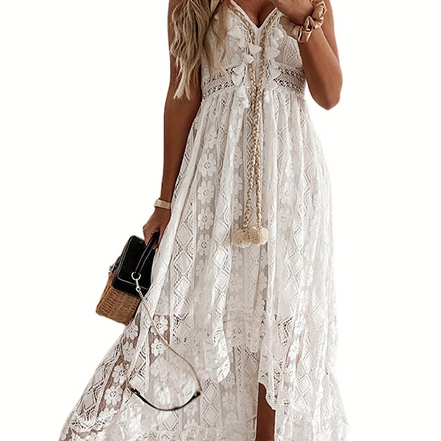 Womens Casual Boho Lace Hem Floral V Neck Long Beach Dress Cocktail Party Maxi Wedding Dress