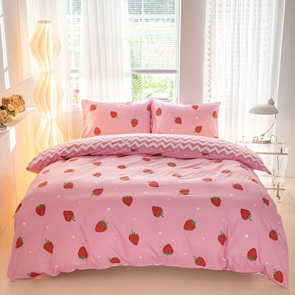 3pcs Strawberry Print Duvet Cover Set - Soft, Breathable Polyester Bedding With Zip Closure For All Seasons - Includes 1 Duvet Cover & 2 Pillowcases (No Insert)