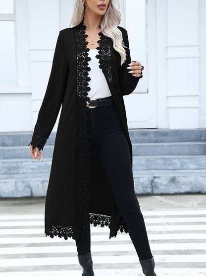 Ribbed Open Front Knitted Cardigan, Casual Lace Trim Long Sleeve Cardigan, Women's Clothing