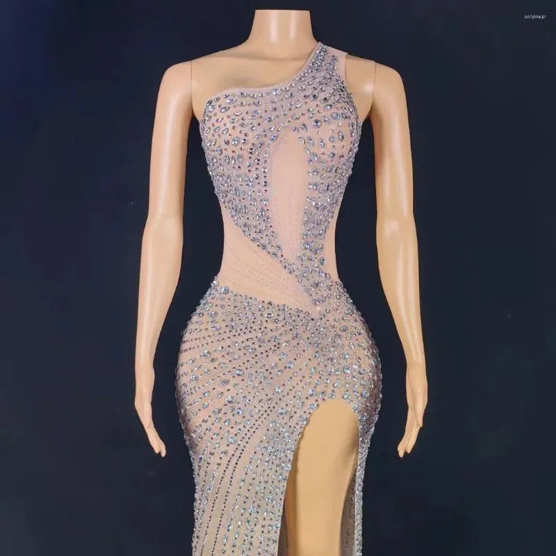 Casual Dresses Women Luxuries Sexy Crystal Shiny Silvery Rhinestones Mesh Split Elastic Dress Elegant Birthday Prom Celebrate Gown Stage