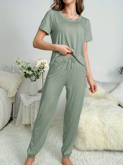 Cozy Solid Pajamas Set - Soft Short Sleeve Crew Neck Top & Comfortable Lounge Pants for Women's Sleepwear & Loungewear - Relaxing Nightwear for a Good Night's Sleep