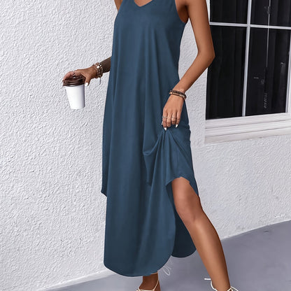 Vibrant Solid V-Neck Cami Dress - Elegant Sleeveless Spaghetti Strap Design, Mid-Elastic Polyester Fabric, Perfect for Spring and Summer - Womens Versatile and Comfortable Clothing for Everyday Wear