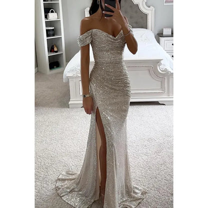 Casual Dresses Women's Sexy Strapless Sequins Evening Prom Dress Chic Off Shoulder High Slits Sparkling Party Maxi Female Bridemaid Birthday Dress