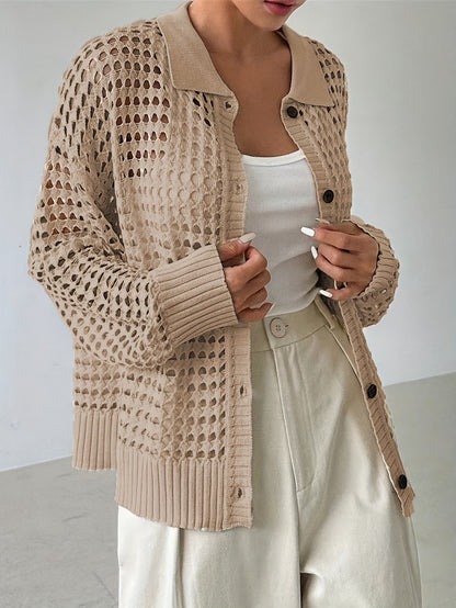 Cozy Drop Shoulder Knitted Cardigan - Soft, Casual, and Versatile with Hollow Out Button Front, Long Sleeves, and Relaxed Fit for Spring and Fall - Women's Fashion Clothing for Everyday Wear