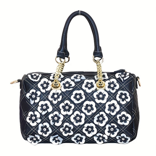 Floral Pattern Leather Handbag - Genuine Leather, 3D Floral Top Handle, Satchel Shoulder Crossbody Bag, Tote Bag Style, Black and White Color