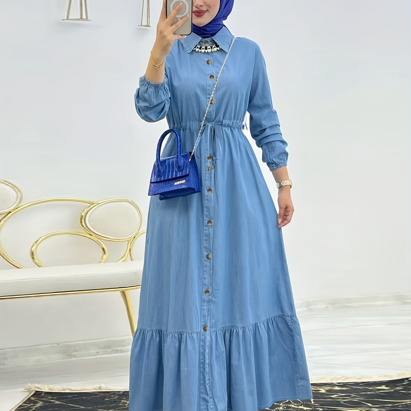 Ramadan Solid Button Front Kaftan, Casual Long Sleeve Ruffle Hem Dress Without Hijab, Women's Clothing