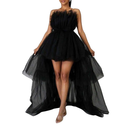 Casual Dresses Women High Low Tulle Dress Strapless Solid Color Mesh Tiered Cocktail Party Dress Prom Gown L230217