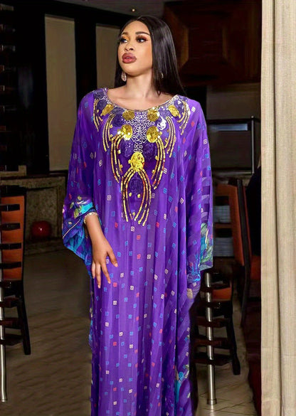 Ramadan Elegant Crew Neck Batwing Sleeve Maxi Kaftan Dress - All Over Print, Semi-Sheer, Polyester, No Elasticity, Hand Wash Only - Perfect for Middle East Style, Womens Clothing