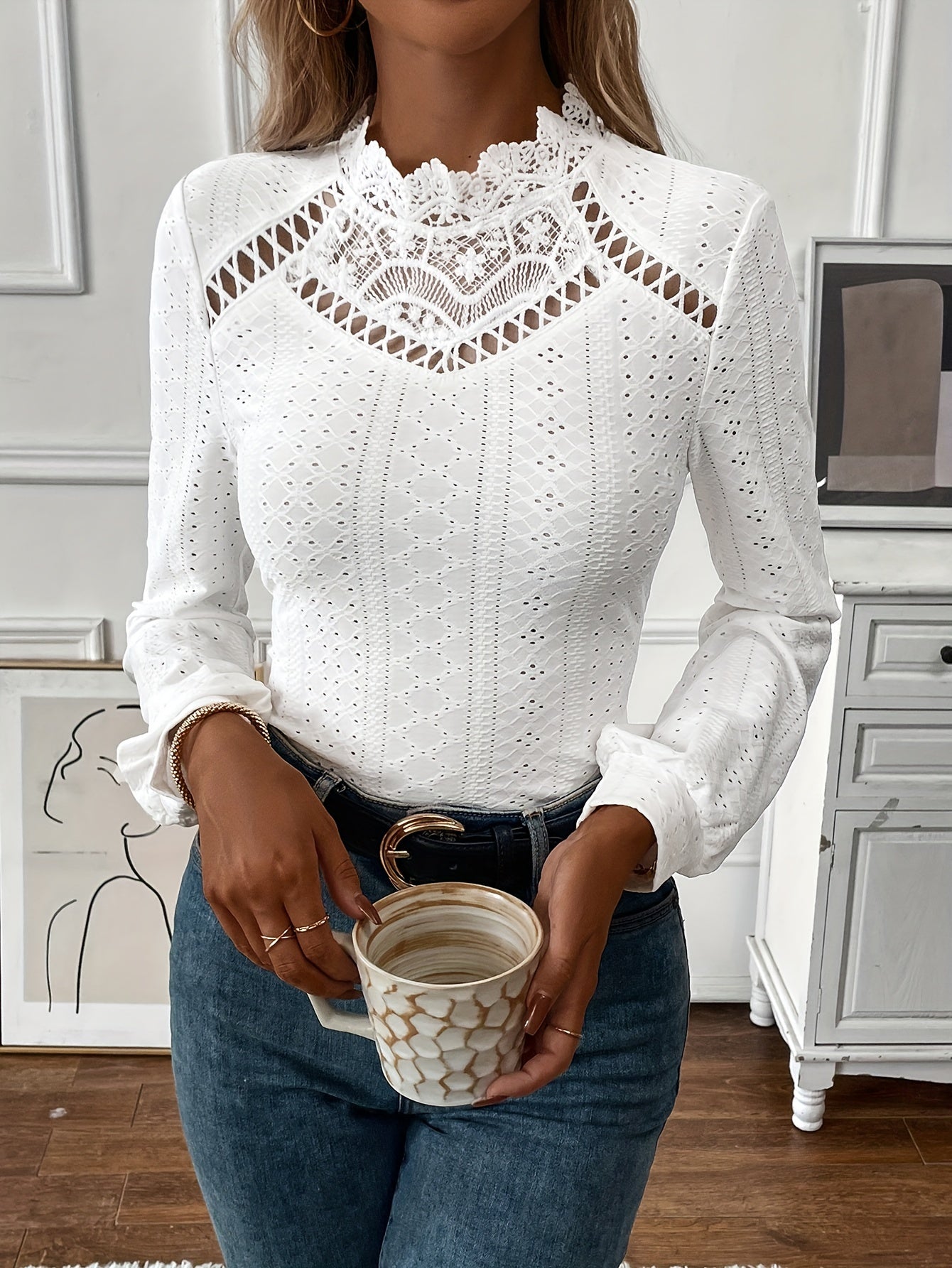 Stunning Eyelet Lace T-Shirt for Women - Elegant Long Sleeve Solid Design, Keyhole Detail, Contrast Lace Trim, Breathable Fabric, Comfortable Fit - Perfect for Casual Daily Wear or Work