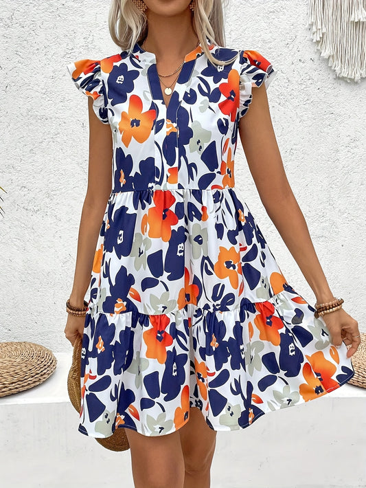 Vibrant Floral Print A-Line Dress - Notch Neck, Flutter Sleeve, Casual Chic, Spring & Summer Essential, Women's Clothing for Everyday Wear