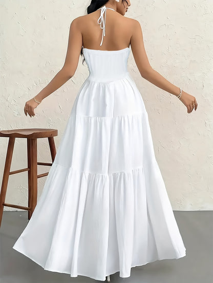 Tiered Layer Deep V Neck Halter Maxi Dress - Flowy, Backless, and Comfortable for Vacation and Spring & Summer - Machine Washable, Customized, and All-Season Wear