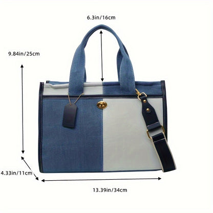 Classic Denim Patchwork Women's Handbag, Casual Style, Single Shoulder & Crossbody Tote Bag With Top Handle, Spacious Interior, Fashion Accessory