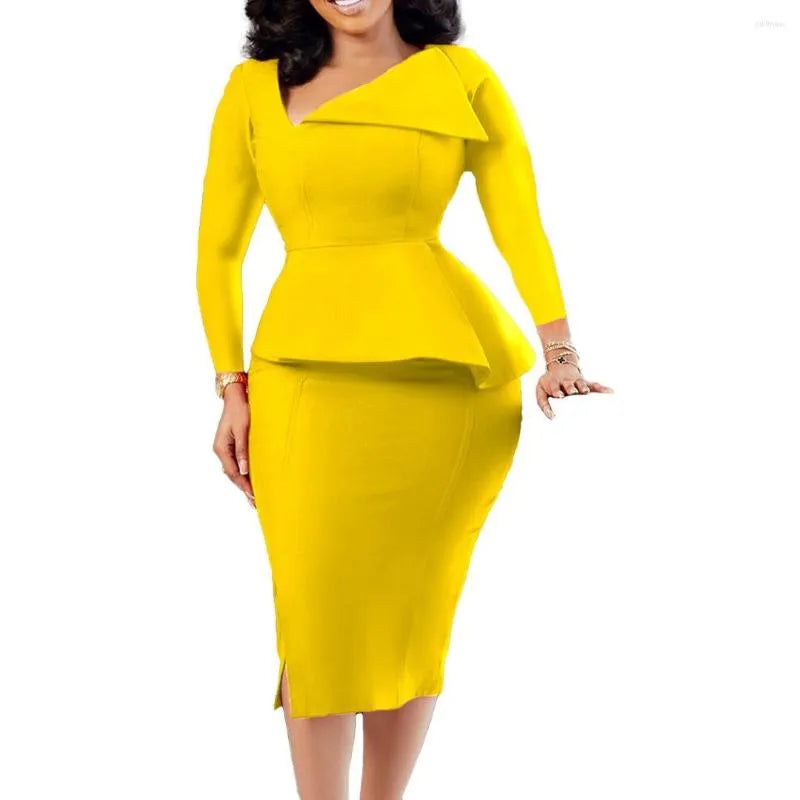 Casual Dresses Office For Women Regular Size Full Sleeve High Waisted V Neck Sheath Mid Calf Formal Business Work Wear Dress Midi