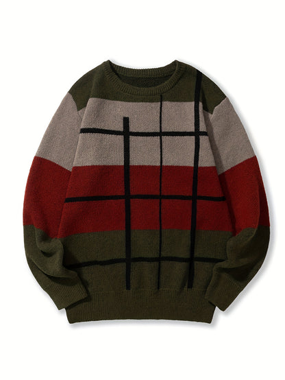 Mens Soft Knit Color Block Sweater - Stylish, Warm & Stretchy - Versatile Crew Neck Pullover for Autumn Winter