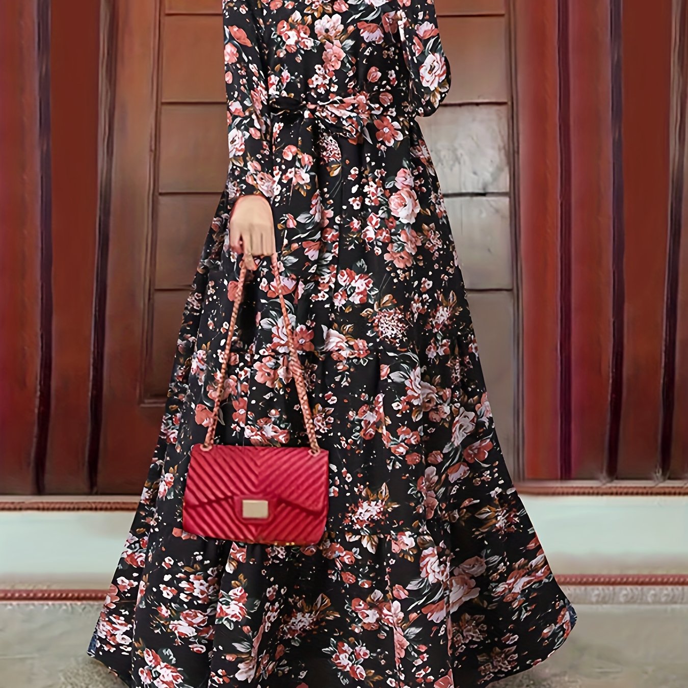 Ramadan Elegant Floral Print Crew Neck Long Sleeve Maxi Abaya - Polyester Woven, Machine Washable, No Sheer, No Elasticity, Random Printing - Perfect for Spring, Summer, and Fall Seasons