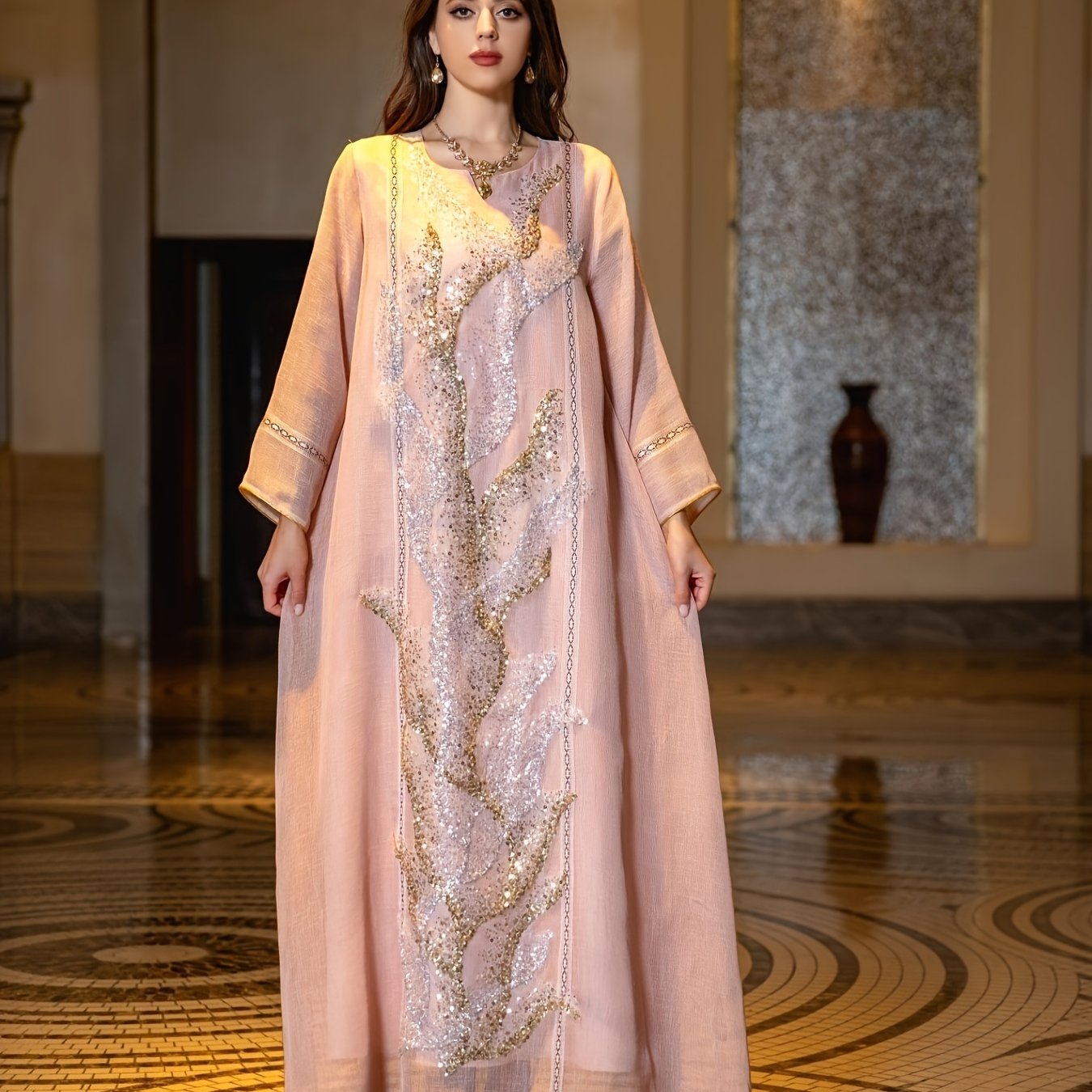 Sequined Mesh Kaftan Dress - Stunning Contrast Fabric, Elegant Long Sleeve Notched Neck Maxi Loose Fit, Perfect for Special Occasions, Womens Clothing