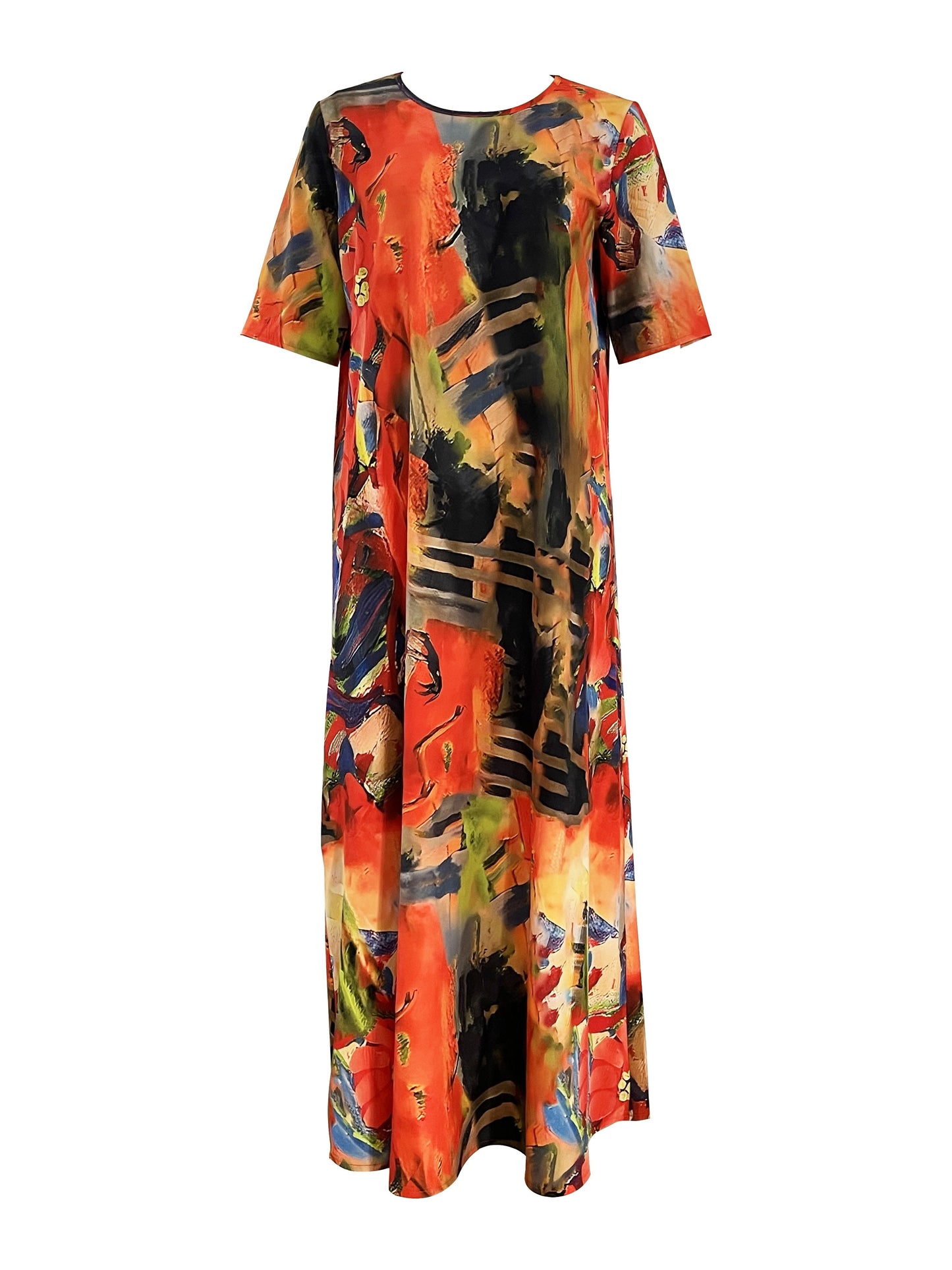 Vibrant Floral Print Crew Neck Tee Dress - Relaxed Fit, Short Sleeve, Flowing Maxi Design for Spring & Summer - Womens Comfortable Casual Clothing