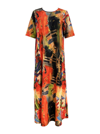 Vibrant Floral Print Crew Neck Tee Dress - Relaxed Fit, Short Sleeve, Flowing Maxi Design for Spring & Summer - Womens Comfortable Casual Clothing