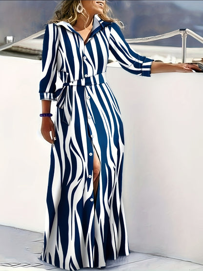 Chic Striped Long Sleeve Belted Maxi Shirt Dress - Elegant, Comfortable, and Versatile for Spring & Fall Seasons - Women's Clothing for Everyday Wear