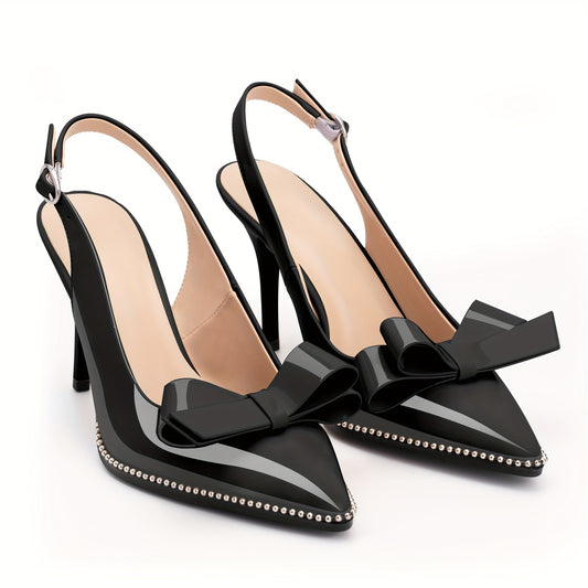 Sultry Stiletto Pumps - Bead Buckle Strap, Closed Pointed Toe, Sexy Slingbacks, High Heels, Bow Accent, Dress Shoes for Women - Perfect for Formal Occasions and Night Out