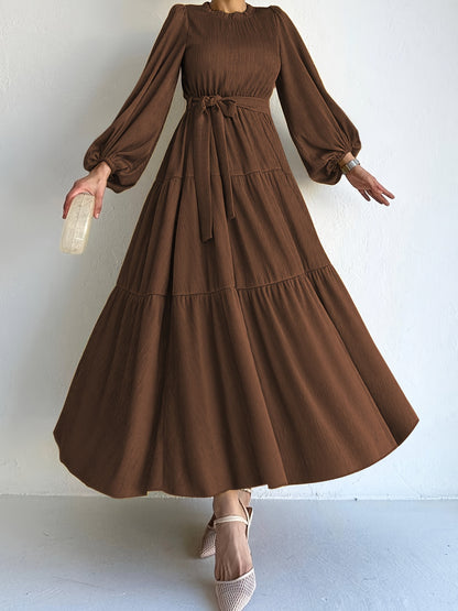 Elegant Ramadan Kaftan Dress for Women – Versatile Crew Neck, Lantern Sleeves with Belt, Casual Yet Stylish Polyester Abaya for All Seasons