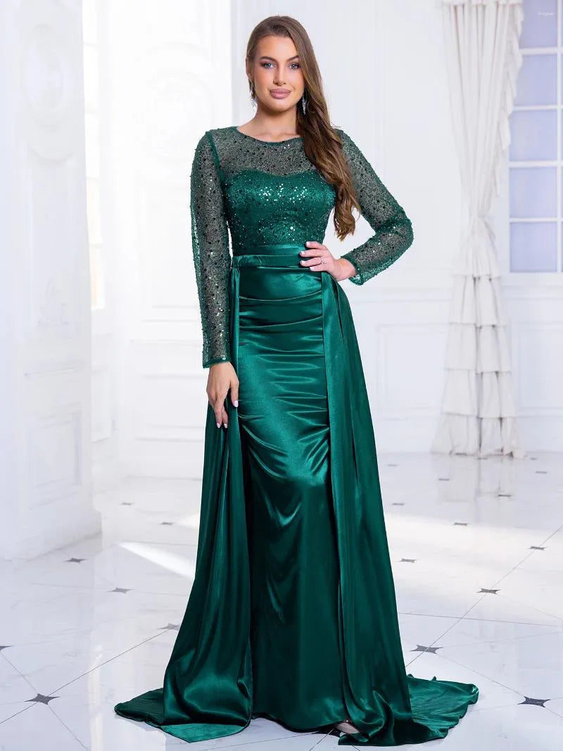 Casual Dresses Beading Sequin Floor Length Evening Party Dress Night Prom Gown Full Sleeved Padded O Neck Detachable Satin Skirt Green Gold