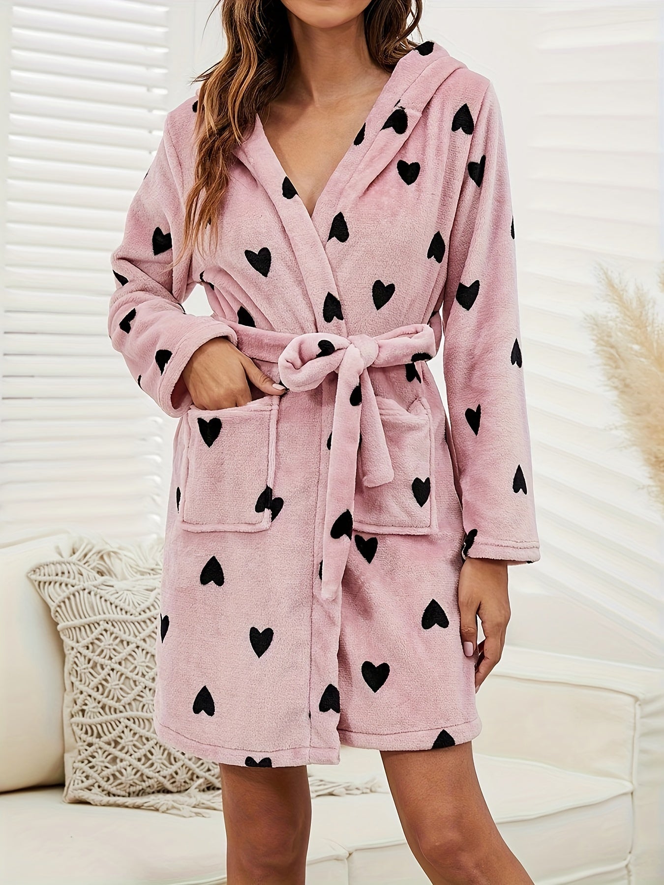 Cozy Heart Pattern Fleece Night Robe - Thickened, Long Sleeve, Hooded, Pockets, Women's Sleepwear & Dresses for Fall and Winter