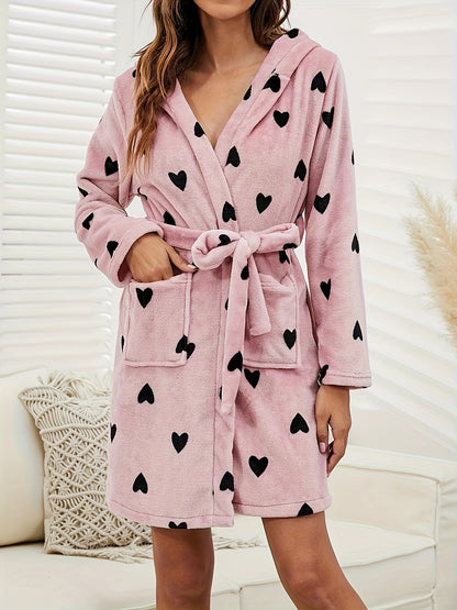 Cozy Heart Pattern Fleece Night Robe - Thickened, Long Sleeve, Hooded, Pockets, Women's Sleepwear & Dresses for Fall and Winter