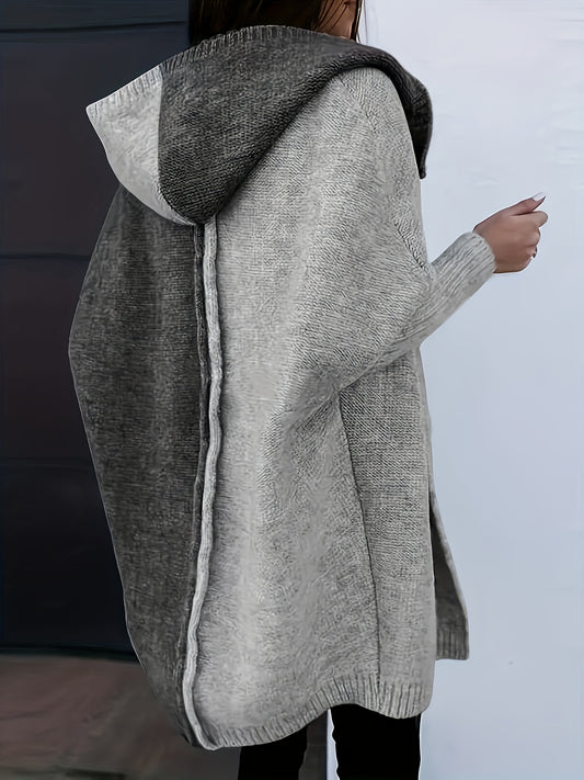 Plus Size Color Block Hooded Knitted Cardigan, Casual Long Sleeve Open Front Cardigan, Women's Plus Size Clothing