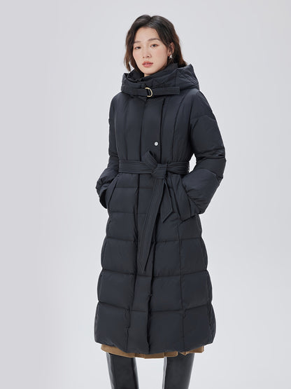 Mid Length Hooded Warm Coat, Elegant Long Sleeve Winter Outerwear, Women's Clothing