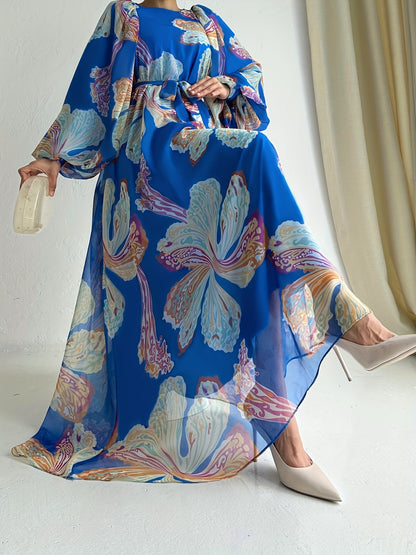 Floral Print Crew Neck Abayas Dress, Elegant Long Sleeve Maxi Length Dress, Women's Clothing