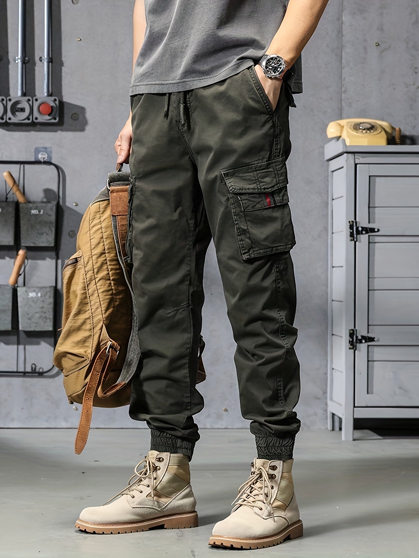 Mens Cropped Cotton Blend Cargo Pants - Elastic Waist, Multi Flap Pockets, Slight Stretch, Loose Fit, Weekend Casual, Solid Color, Hip Hop Style - Perfect for Outdoor Activities and Streetwear