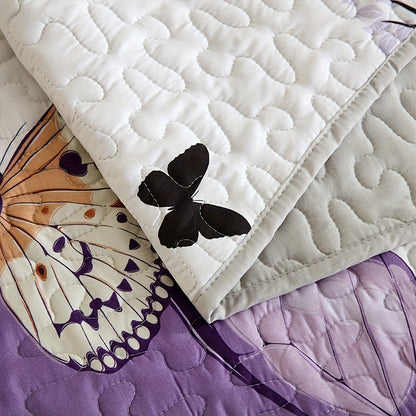 Contemporary 3-Piece Quilted Bedspread Set with Floral Butterfly Pattern, Machine Washable Polyester Coverlet with Embellished Features, All-Season Woven Bedding with Polyester Fill - Queen/King Size