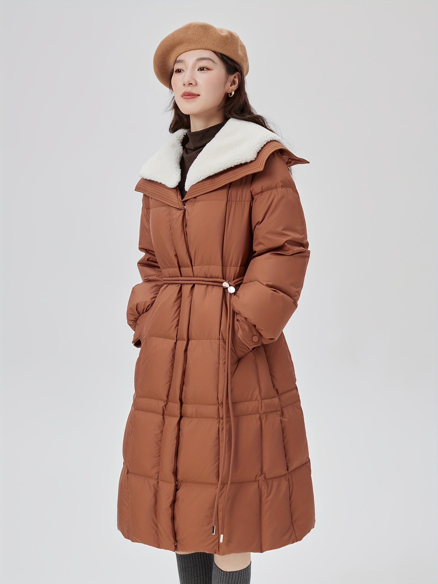 Solid Mid Length Down Coat, Elegant Waterfall Collar Long Sleeve Warm Outerwear, Women's Clothing