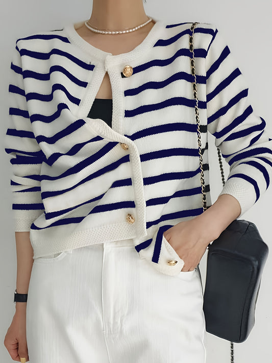 Chic Striped Cardigan Sweater - Soft, Long Sleeve, Crew Neck, Button Front, Elegant Fall Fashion - Women's Cozy Clothing for Everyday Wear