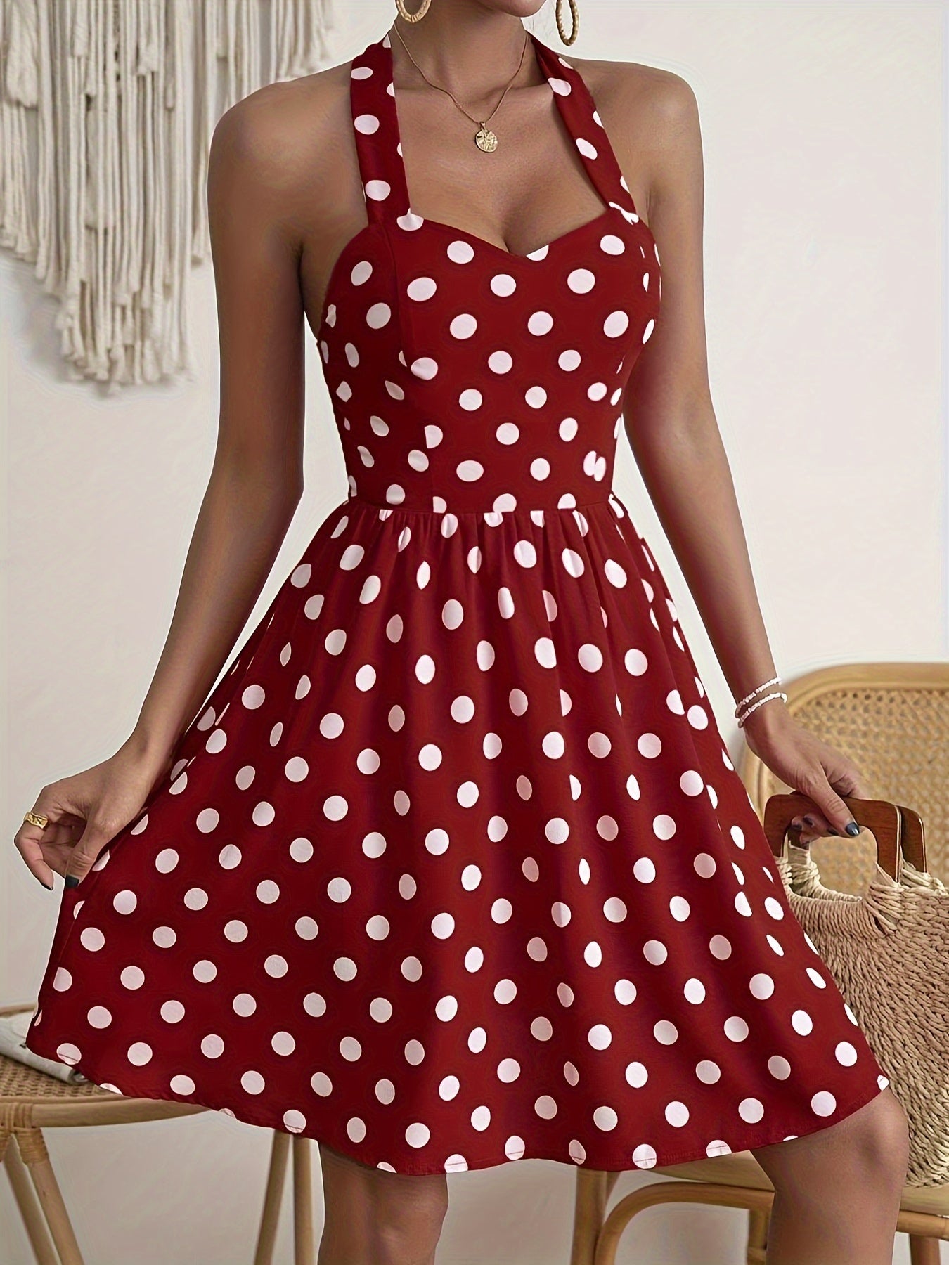 Vibrant Polka Dot Halter Neck A-line Dress - Backless, Elegant, Spring & Summer Essential - Women's Clothing for Chic Ladies