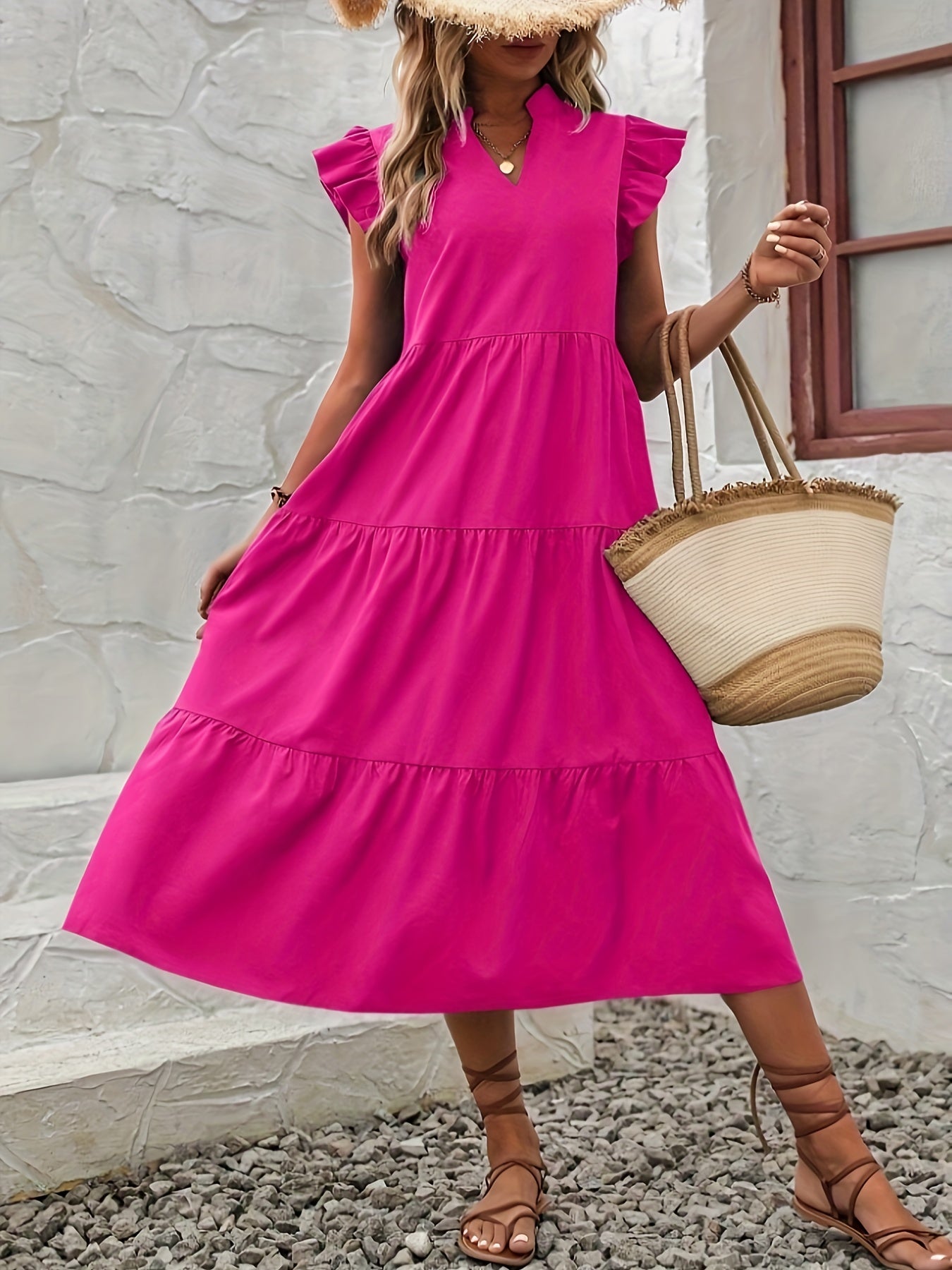 Long Elegant V-Neck Ruffle Sleeve Pendulum Dress - Flared, Solid Color, Polyester, Non-Elastic, Woven, Perfect for Spring and Summer - Womens Classic Elegant Dressing for Adult