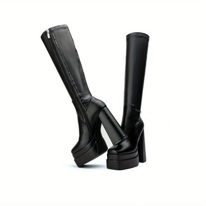 Women's Platform Knee High Boots, Solid Color Block Heel Square Toe Side Zipper Boots, Fashion Black Faux   Stylish Boots