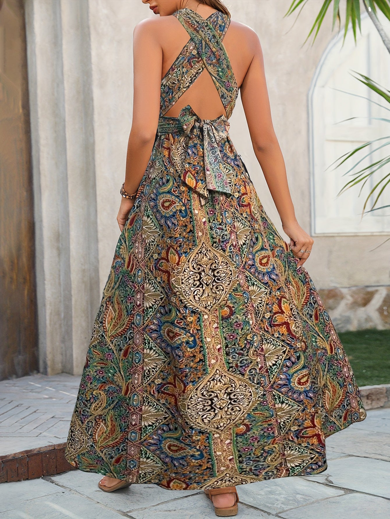 Charming Paisley Print Halter Dress - Alluring Crisscross Backless, Split Thigh, & Bowknot Detail - Feminine Sleeveless Vacation Dress for Stylish Women