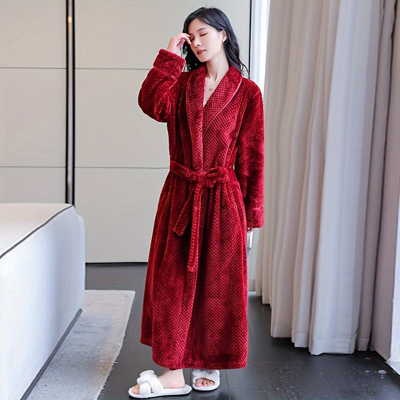 1pc Plush Women's Flannel Bathrobe - Soft, Thick, and Long Sleeve Loungewear for Autumn and Winter - Cozy Bathroom Supplies for Home Relaxation