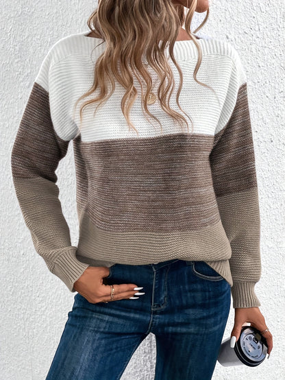 Stripe Color Block Elegant Long Sleeve Drop Shoulder Sweater - Soft Medium Stretch Recycle Polyester Fabric, Casual Off the Shoulder Style, Hand Wash or Dry Clean, Perfect for Fall & Winter - Womens Clothing