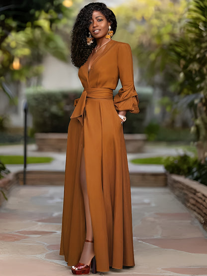 Long Sleeve Elegant Vintage Lantern Sleeve Aline Swing Ruffle Dress with Button Front - Polyester, Machine Washable, Customized Style - Perfect for All Seasons