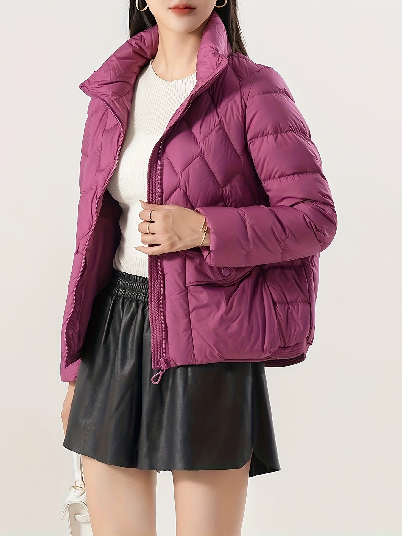 Zipper Stand Collar Flap Pockets Puffer Jacket, Casual Long Sleeve Jacket For Winter, Women's Clothing