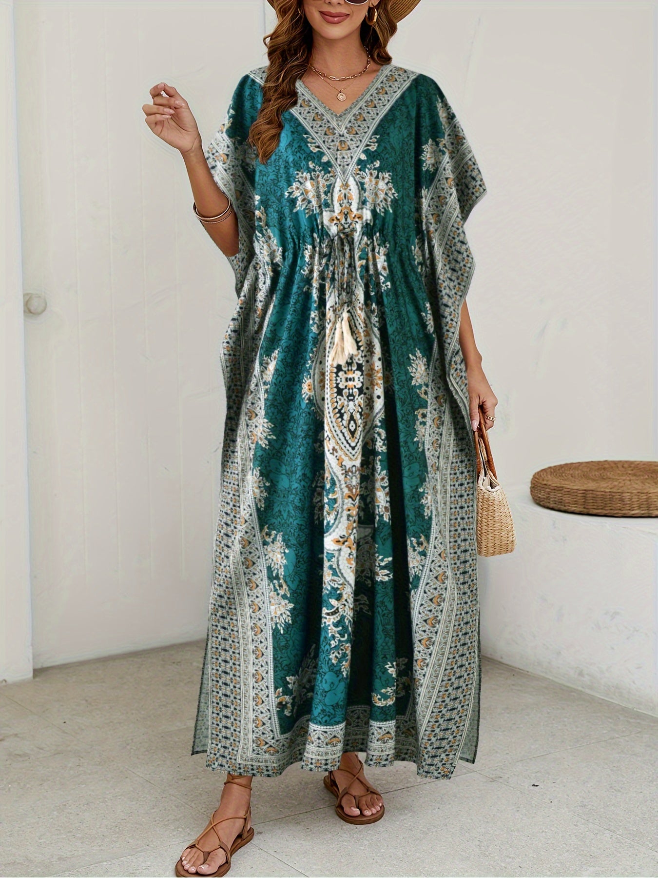 Tribal Chic V-Neck Kaftan Dress with Batwing Sleeves - Machine Washable, Versatile for All Seasons, Drawstring Detail