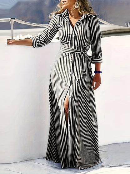 Chic Striped Long Sleeve Belted Maxi Shirt Dress - Elegant, Comfortable, and Versatile for Spring & Fall Seasons - Women's Clothing for Everyday Wear