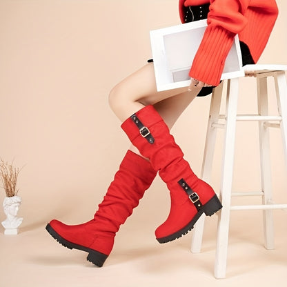 Chic Womens Slouchy Knee High Boots - Solid Color Round Toe with Buckle Strap - Pull-On Comfortable Chunky Heeled Long Boots