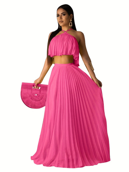 Solid Pleated Two-piece Set, Sleeveless Cropped Cami Top & High Waist Maxi Skirts Outfits, Women's Clothing